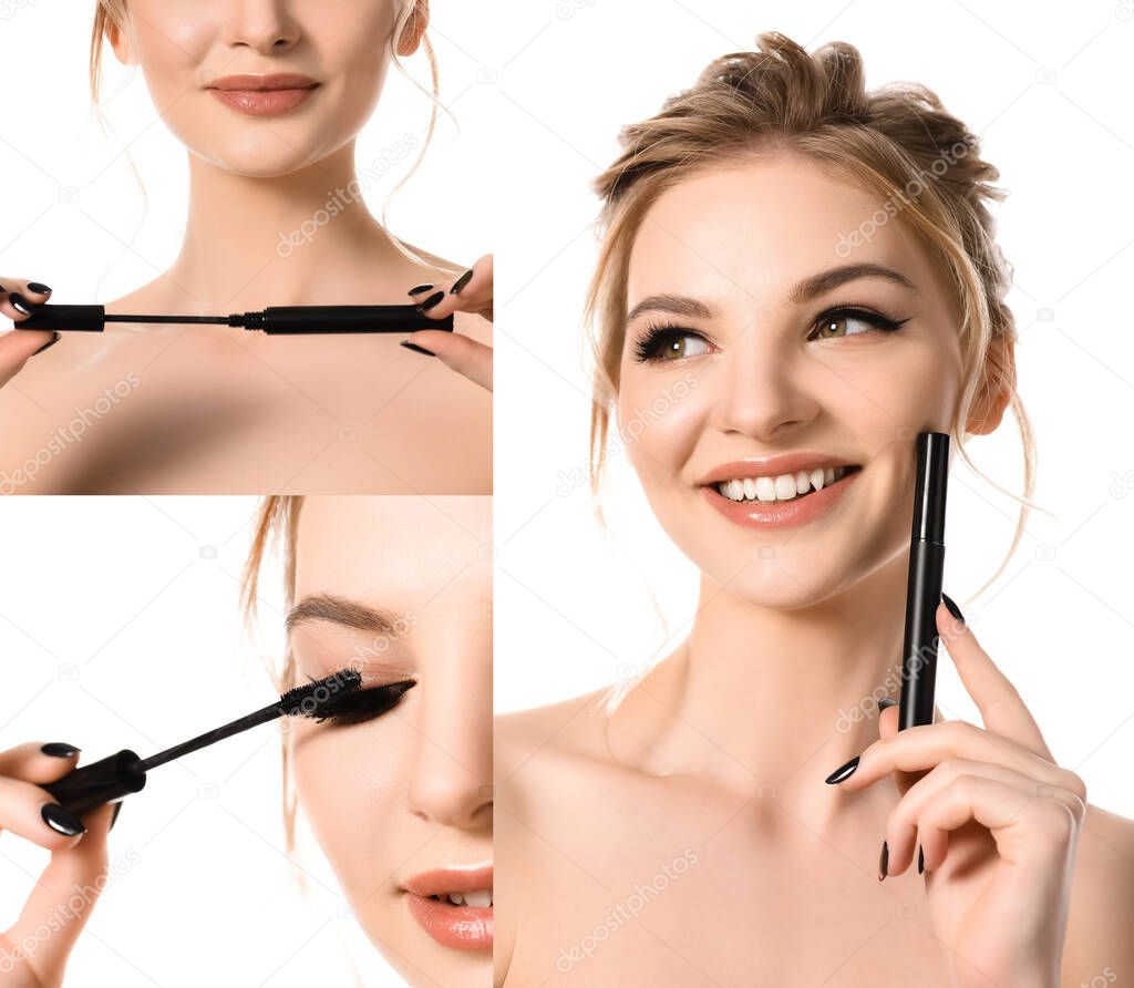 collage of smiling naked beautiful blonde woman with makeup and black nails applying mascara isolated on white