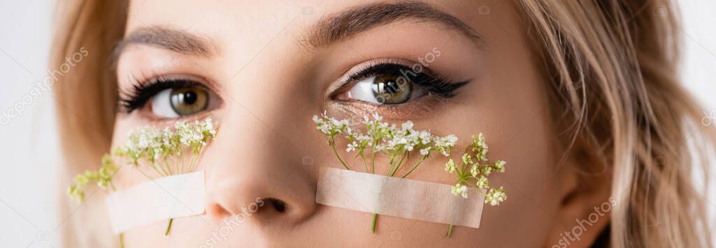cropped view of beautiful blonde woman with wildflowers under eyes isolated on white, panoramic shot
