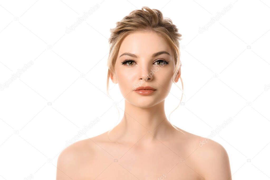 naked beautiful blonde woman with makeup looking at camera isolated on white