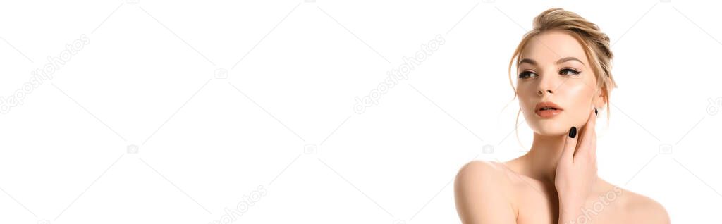 naked beautiful blonde woman with makeup looking away isolated on white, panoramic shot