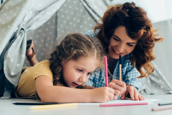 Happy Babysitter Adorable Child Drawing Together Play Tent — Stock Photo, Image