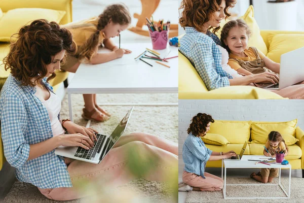 Collage Van Jonge Nanny Met Behulp Van Laptop Schattige Kid — Stockfoto