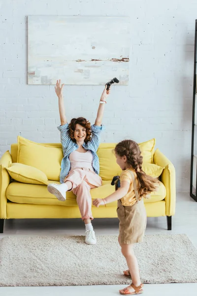 Kyiv Ukraine June 2020 Excited Nanny Holding Joystick Showing Winner — Stock Photo, Image