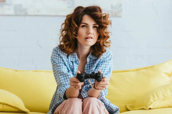 Kyiv Ukraine June 2020 Concentrated Girl Sitting Sofa Playing Video — Stock Photo, Image