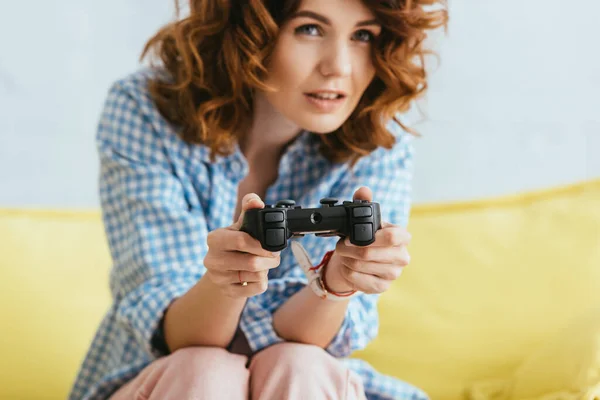 Kyiv Ukraine June 2020 Selective Focus Young Woman Playing Video — Stock Photo, Image