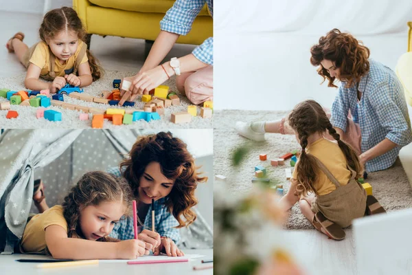 Collage Niñera Niño Jugando Con Bloque Multicolor Dibujo Juguete Wigwam —  Fotos de Stock