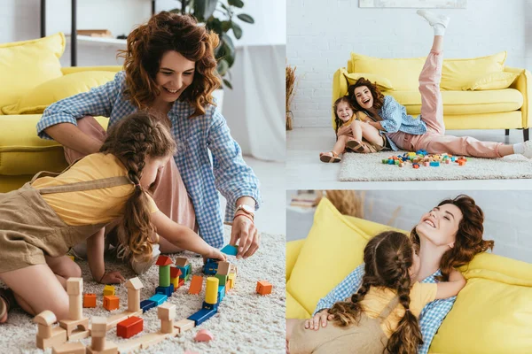 Koláž Šťastný Chůva Dítě Hrát Pestrobarevnými Kostkami Podlaze Baví Pohovce — Stock fotografie