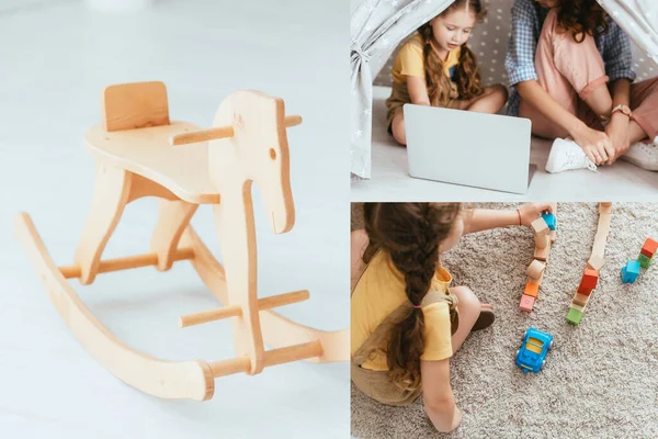 Collage Rocking Horse Nanny Kid Using Laptop Toy Wigwam Child — Stock Photo, Image