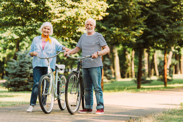 Elderly couple smiling at camera while walking with bicycles on walkway in park 