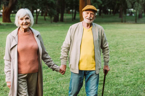 Positive Elderly Couple Holding Hands While Walking Park — Stock Photo, Image