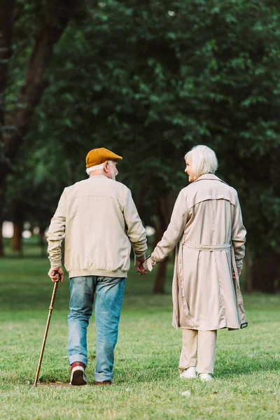 Back View Senior Couple Holding Hands While Walking Meadow Park — Stock Photo, Image