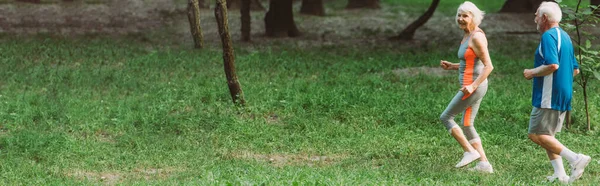 Panoramabild Leende Kvinna Som Springer Nära Äldre Man Parken — Stockfoto