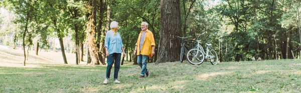 Orientación Panorámica Del Hombre Mayor Sonriente Caminando Sobre Césped Cerca — Foto de Stock