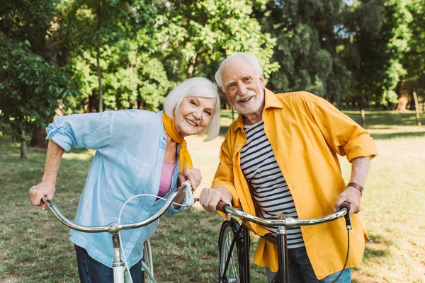 Casal Cabelos Grisalhos Sorrindo Para Câmera Perto Bicicletas Parque Durante — Fotografia de Stock