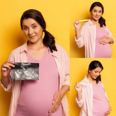 collage of pregnant woman showing ultrasound scan and pregnancy test while touching tummy clipart
