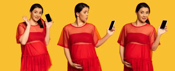 Collage Pregnant Woman Waving Hand Touching Belly While Holding Smartphone — Stock Photo, Image