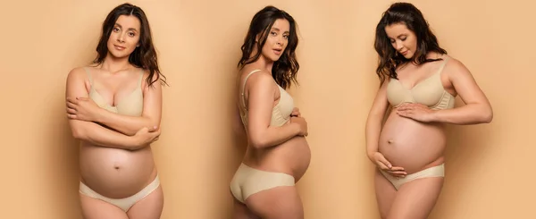 Collage Van Jonge Zwangere Vrouw Lingerie Aanraken Buik Staan Met — Stockfoto