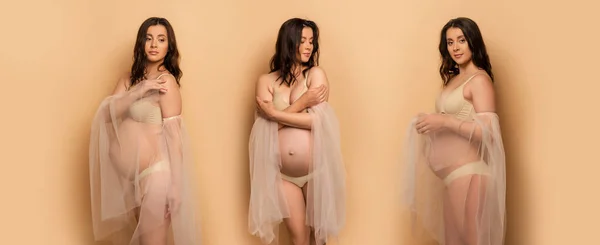 Collage Femme Enceinte Sous Vêtements Manches Mousseline Soie Touchant Épaule — Photo