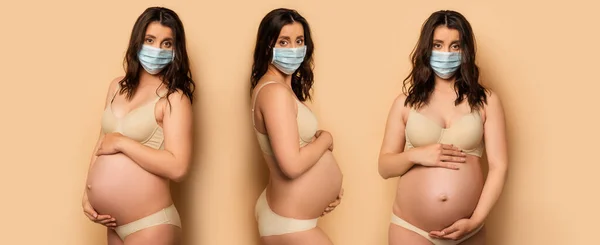 Collage Mujer Joven Embarazada Lencería Máscara Protectora Tocando Barriga Beige — Foto de Stock