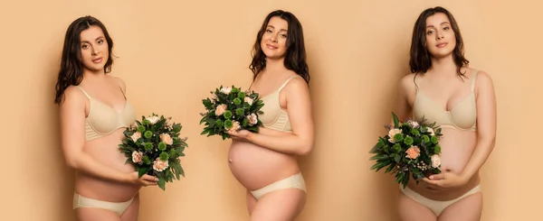 Collage Jeune Femme Enceinte Tenant Bouquet Fleurs Fraîches Sur Beige — Photo