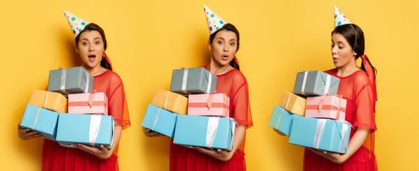 Collage Mujer Embarazada Tapa Del Partido Celebración Pila Regalos Amarillo —  Fotos de Stock