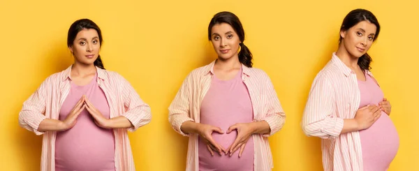 Collage Einer Jungen Schwangeren Mit Schützender Geste Herzsymbol Und Anrührendem — Stockfoto