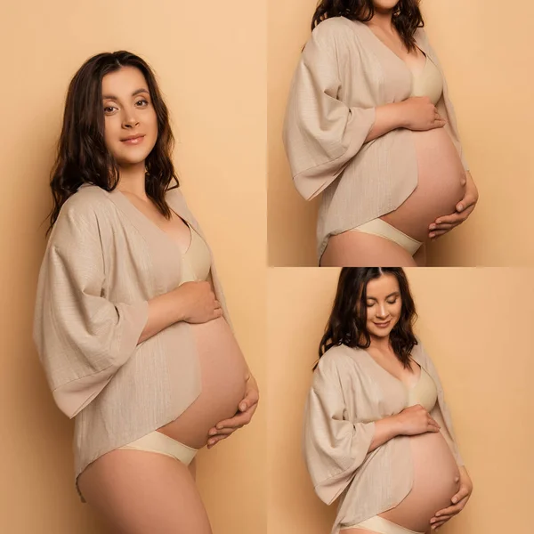 Collage Young Pregnant Woman Lingerie Shirt Touching Belly Looking Camera — Stock Photo, Image