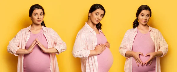 Collage Pregnant Woman Showing Heart Symbol Protective Gesture Touching Tummy — Stock Photo, Image