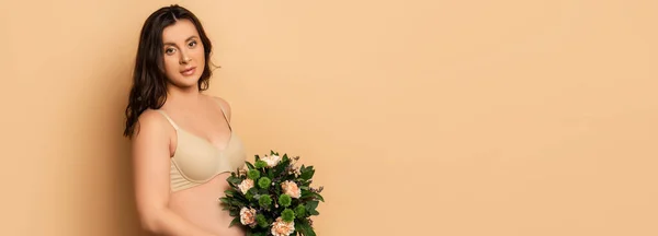 Horizontal Image Pregnant Woman Lingerie Holding Bouquet Tummy While Looking — Stock Photo, Image