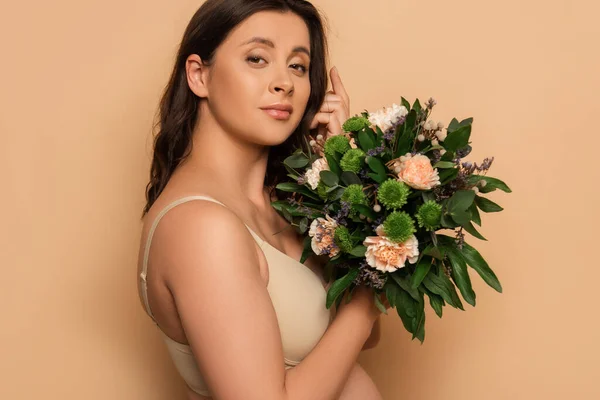 Young Pregnant Woman Lingerie Touching Hair Holding Bouquet Fresh Flowers — Stock Photo, Image