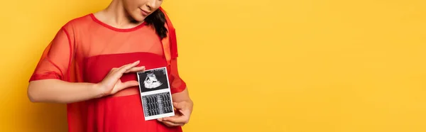 Cropped View Pregnant Woman Red Tunic Showing Ultrasound Scan Belly — Stock Photo, Image