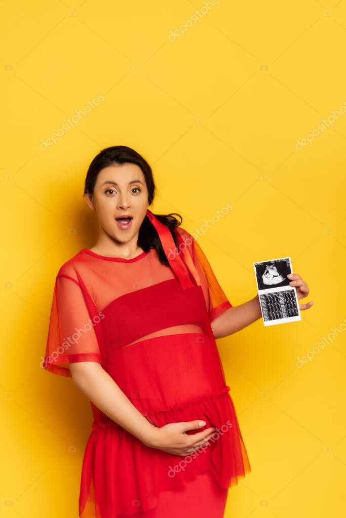 Pregnant woman in red tunic touching belly while showing ultrasound scan on yellow
