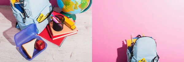 学校のバックパックのコラージュ地球の近くの机 ランチボックス スクールバスモデル ペンホルダーとピンクの本 パノラマショット — ストック写真