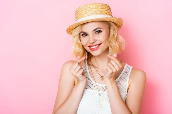 Woman Straw Hat Showing Money Gesture Hands Pink — Stock Photo, Image