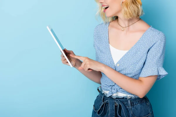 Cropped View Excited Woman Pointing Finger Digital Tablet Blue — Stock Photo, Image