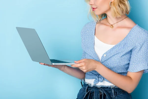 Cropped View Young Woman Using Laptop Blue — Stock Photo, Image