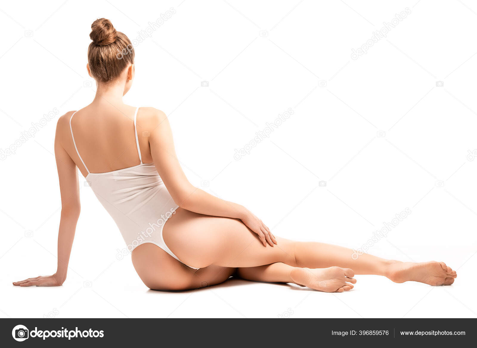 Back View Barefoot Young Woman Bodysuit Sitting White Stock Photo by  ©AndrewLozovyi 396859576
