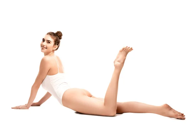 Young Woman Perfect Body Lying Looking Camera White — Stock Photo, Image