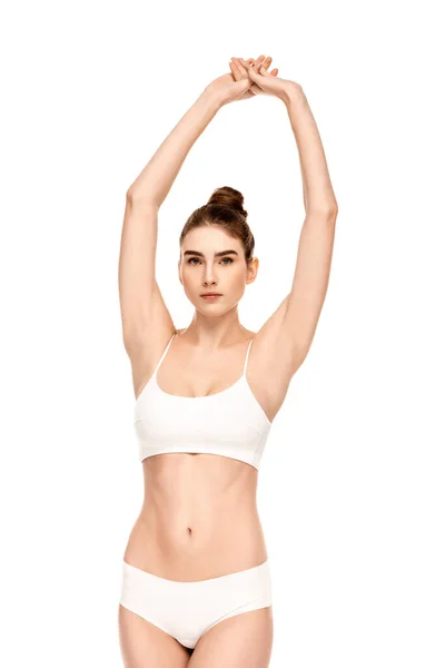 Slim Woman Panties Top Standing Hands Head Looking Camera Isolated — Stock Photo, Image