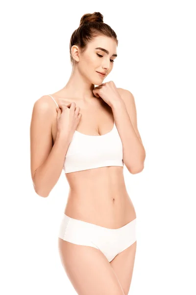 Zasněný Mladý Model Horní Části Kalhotky Stojící Izolované Bílém — Stock fotografie