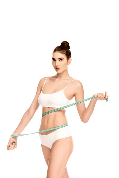 Woman Measuring Waist Measuring Tape Isolated White — Stock Photo, Image