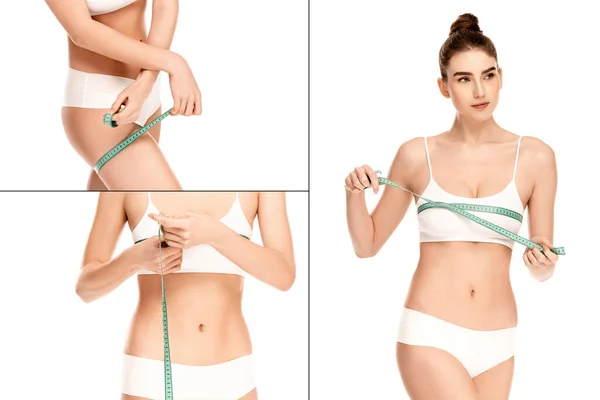 Collage Model Top Panties Holding Measuring Tape While Measuring Bust — Stock Photo, Image