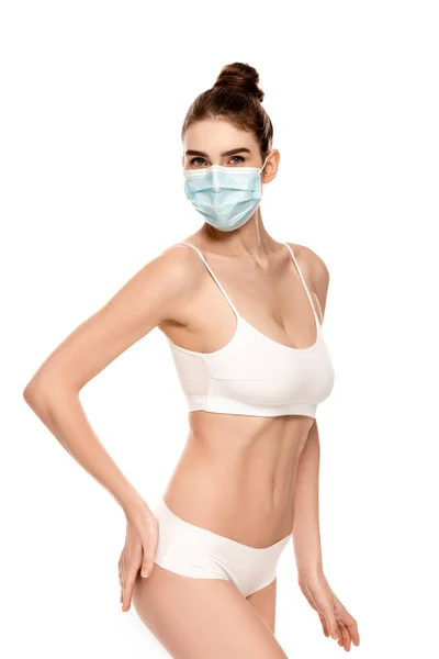 Young Woman Medical Mask Top Panties Standing Hand Hip Isolated — Stock Photo, Image