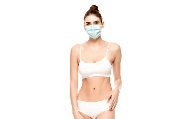 Young Woman Medical Mask Panties Top Standing Isolated White — Stock Photo, Image