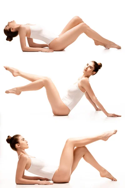 白い服を着た裸足の若い女性のコラージュ — ストック写真
