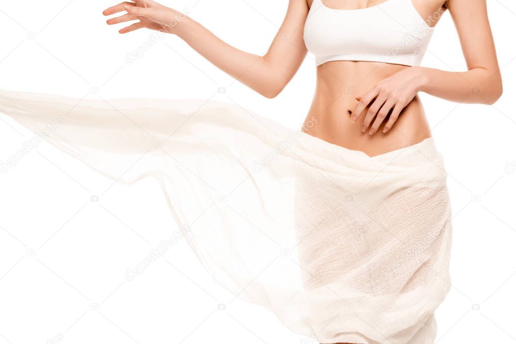 cropped view of woman gesturing near chiffon cloth isolated on white 