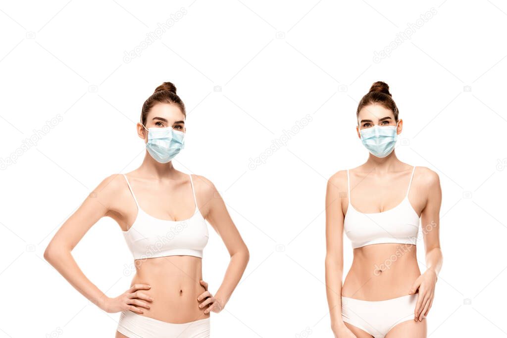 collage of young woman in medical mask, top and panties standing with hands on hips isolated on white