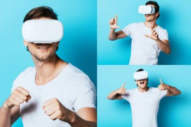 Mavi arka planda vr kulaklıklı adam kolajı