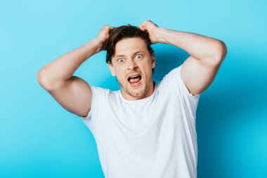 Crazy man with hands near hair in white t-shirt looking at camera on blue background clipart