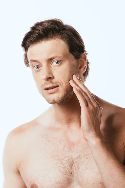 Shirtless Man Touching Skin Looking Camera Isolated White — Stock Photo, Image